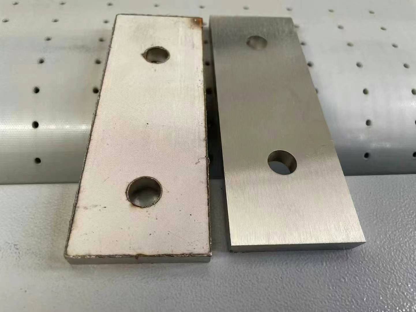 Carbon steel plate before and after burr removal and edge rounding